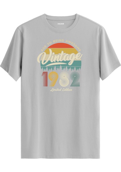 Vintage Tişört Nostalji 1982 Doğum Tarihli Bisiklet Yaka Basic Tişört Vintage Tasarım Tişört