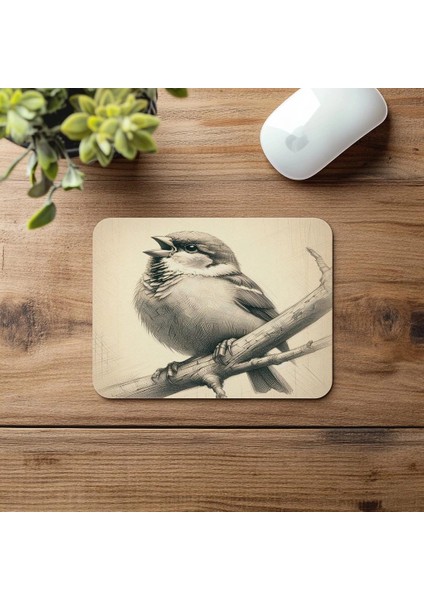 Dalda Oturan Serçe Çizimli Mousepad – Minimal Tarz - 19X23 cm 2 mm Dikdörtgen Ithal Baskılı Mouse Pad fırsatları