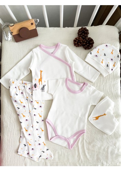 Hello Baby %100 Pamuk Kumaş Zürafa Desenli Kız Bebek 5'li Hastane Çıkış Seti