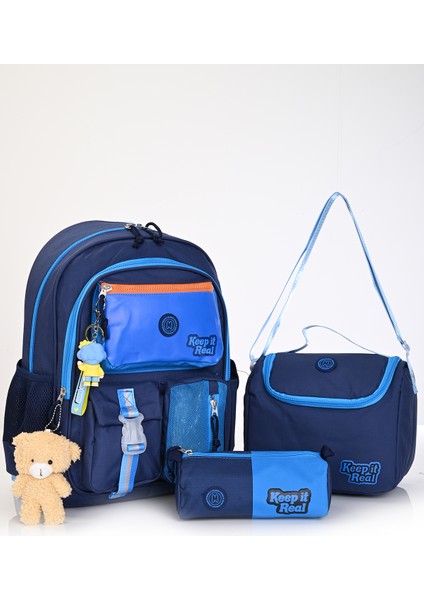 MU-5947 Deep Blue Okul Çanta Seti 3'lü – Sırt Çantası, Beslenme Çantası ve Kalemlik