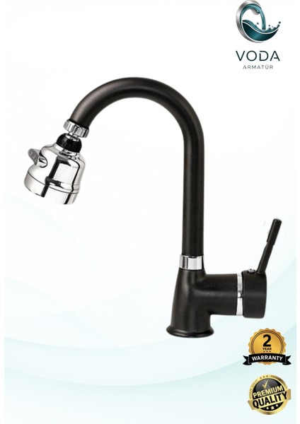 Baston Eviye Bataryası – Siyah Krom, 3 Fonksiyonlu Ayarlanabilir Başlık, Modern ve Şık Tasarım