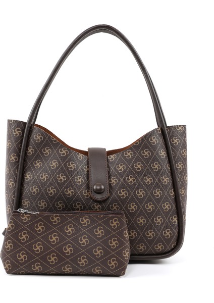 Monogram Baskılı Kahverengi SHK79 Deri Düğme Detaylı Çıtçıtlı Makyaj Çantalı Kol ve Omuz Çantası