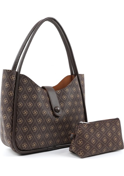 Monogram Baskılı Kahverengi SHK79 Deri Düğme Detaylı Çıtçıtlı Makyaj Çantalı Kol ve Omuz Çantası fiyatları