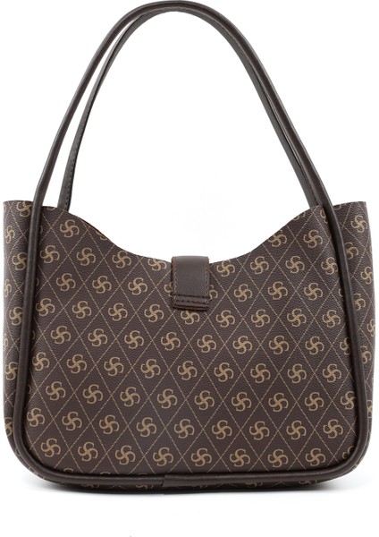 Monogram Baskılı Kahverengi SHK79 Deri Düğme Detaylı Çıtçıtlı Makyaj Çantalı Kol ve Omuz Çantası modelleri