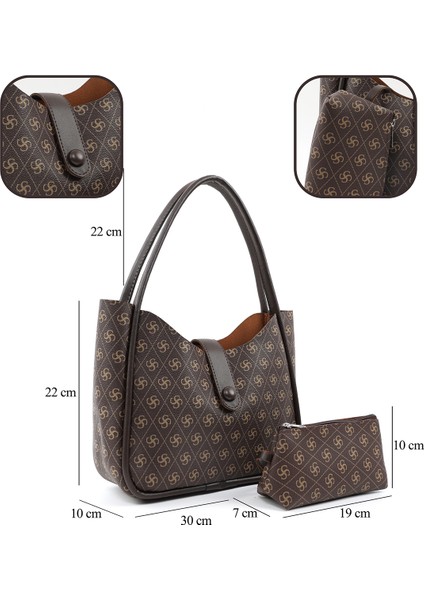 Monogram Baskılı Kahverengi SHK79 Deri Düğme Detaylı Çıtçıtlı Makyaj Çantalı Kol ve Omuz Çantası fırsatları