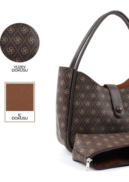 Monogram Baskılı Kahverengi SHK79 Deri Düğme Detaylı Çıtçıtlı Makyaj Çantalı Kol ve Omuz Çantası indirimleri