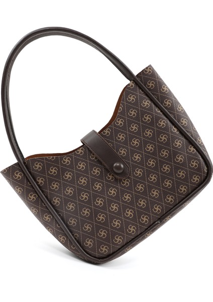 Monogram Baskılı Kahverengi SHK79 Deri Düğme Detaylı Çıtçıtlı Makyaj Çantalı Kol ve Omuz Çantası