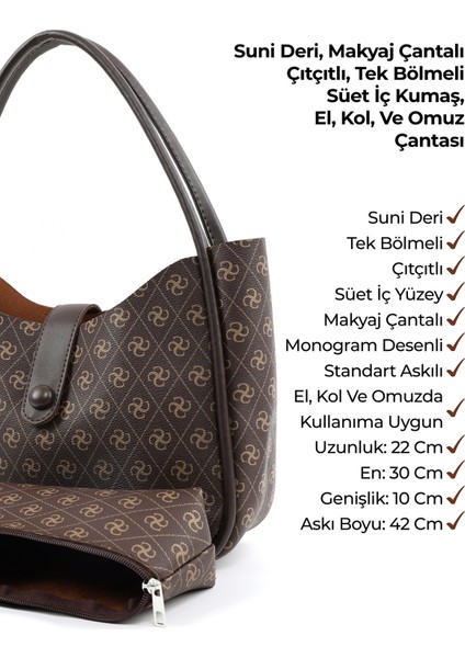 Monogram Baskılı Kahverengi SHK79 Deri Düğme Detaylı Çıtçıtlı Makyaj Çantalı Kol ve Omuz Çantası