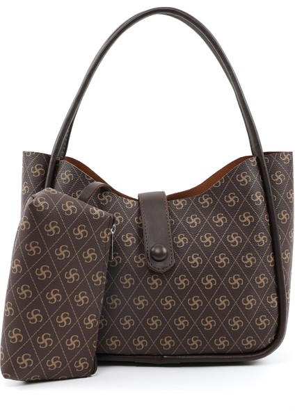 Monogram Baskılı Kahverengi SHK79 Deri Düğme Detaylı Çıtçıtlı Makyaj Çantalı Kol ve Omuz Çantası