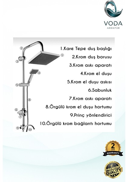 Krom Kare Yağmurlama Tepe Duş Sistemi – Pirinç Yönlendirici, Örgülü Hortum ve Sabunluk