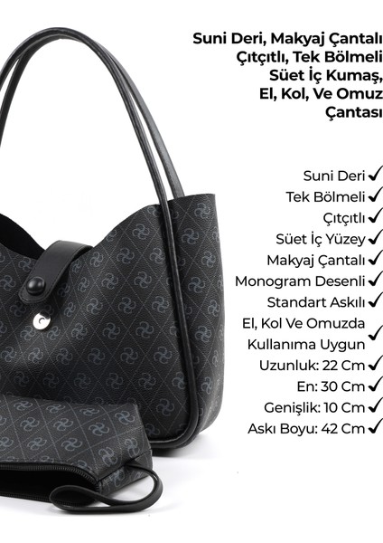 Monogram Baskılı Siyah SHK79 Deri Düğme Detaylı Çıtçıtlı Makyaj Çantalı Kol ve Omuz Çantası