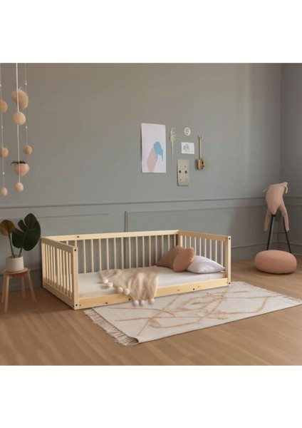 Mk Montessori Anne Yanı Çok Amaçlı Yuvarlak Çıtalı Bebek ve Çocuk Karyolası