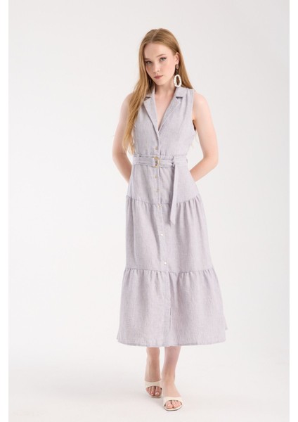 Ceket Yaka Önden Düğmeli Keten Elbise