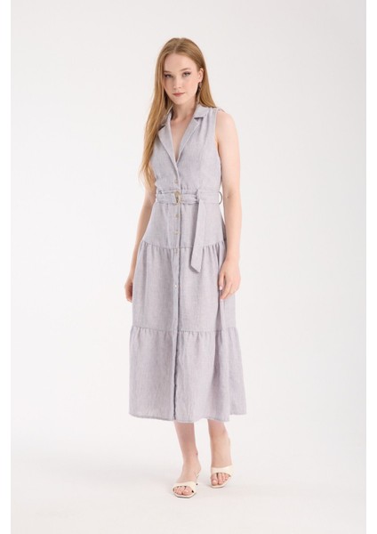 Ceket Yaka Önden Düğmeli Keten Elbise fiyatları