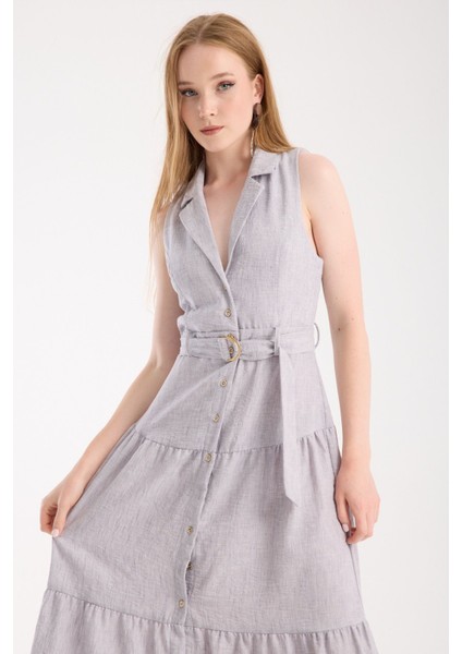 Ceket Yaka Önden Düğmeli Keten Elbise modelleri