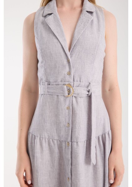 Ceket Yaka Önden Düğmeli Keten Elbise fırsatları