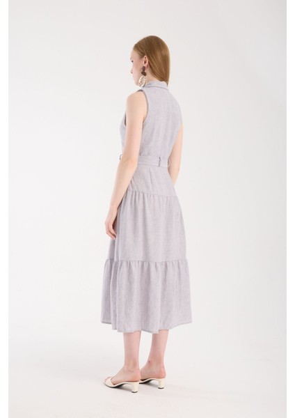 Ceket Yaka Önden Düğmeli Keten Elbise