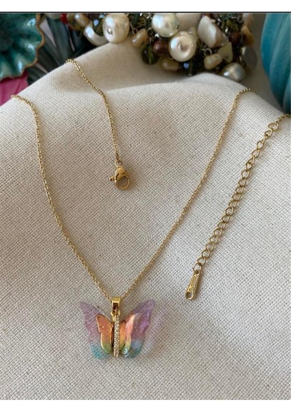 Çelik Gold Renk Renkli Kelebek Kolye