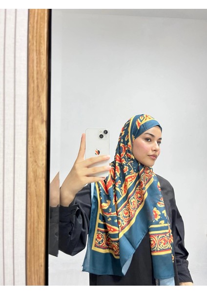 Etnik Desen Petrol Sarı Renk Soft Pamuk Şal