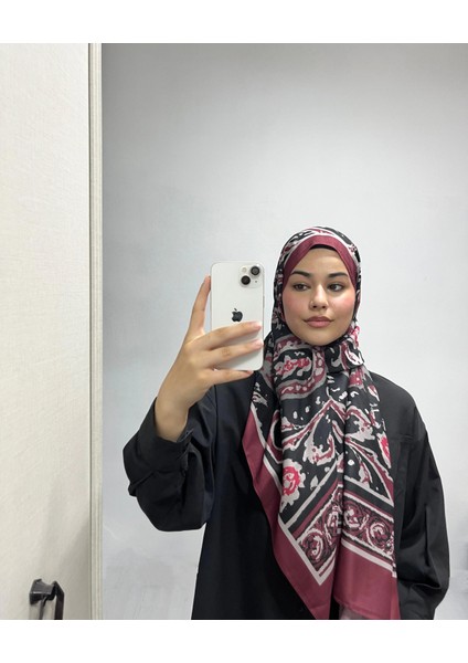 Etnik Desen Siyah Bordo Renk Soft Pamuk Şal
