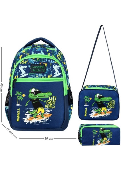 Kids Timsah Desenli Erkek Çocuk Ilkokul ve Anasınıfı Okul Çantası 3'lü Set (Sırt Çantası, Beslenme Çantası, Kalemlik)