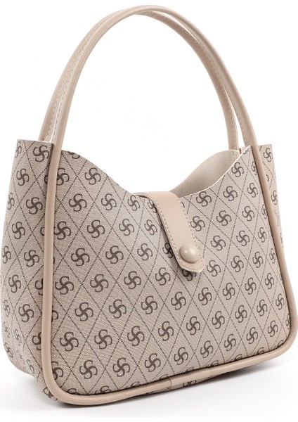 Monogram Baskılı Vizon SHK79 Deri Düğme Detaylı Çıtçıtlı Makyaj Çantalı Kol ve Omuz Çantası fiyatları