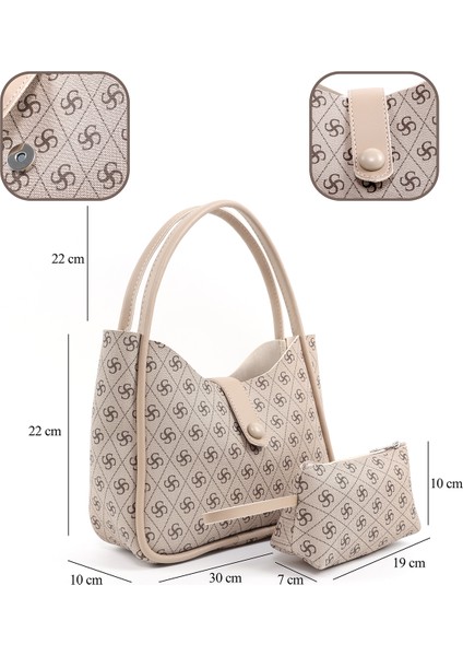 Monogram Baskılı Vizon SHK79 Deri Düğme Detaylı Çıtçıtlı Makyaj Çantalı Kol ve Omuz Çantası fırsatları