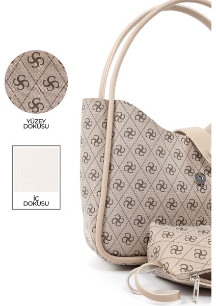 Monogram Baskılı Vizon SHK79 Deri Düğme Detaylı Çıtçıtlı Makyaj Çantalı Kol ve Omuz Çantası indirimleri