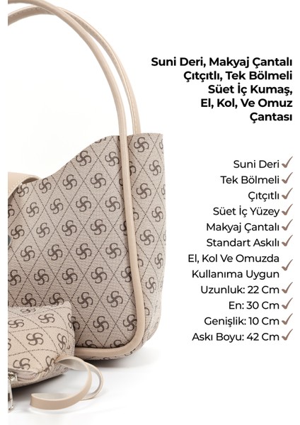 Monogram Baskılı Vizon SHK79 Deri Düğme Detaylı Çıtçıtlı Makyaj Çantalı Kol ve Omuz Çantası