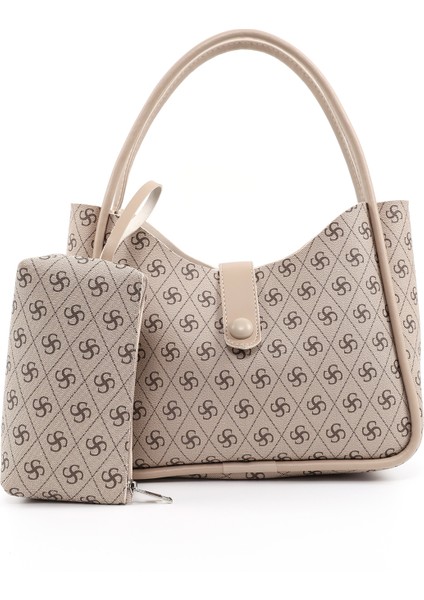 Monogram Baskılı Vizon SHK79 Deri Düğme Detaylı Çıtçıtlı Makyaj Çantalı Kol ve Omuz Çantası