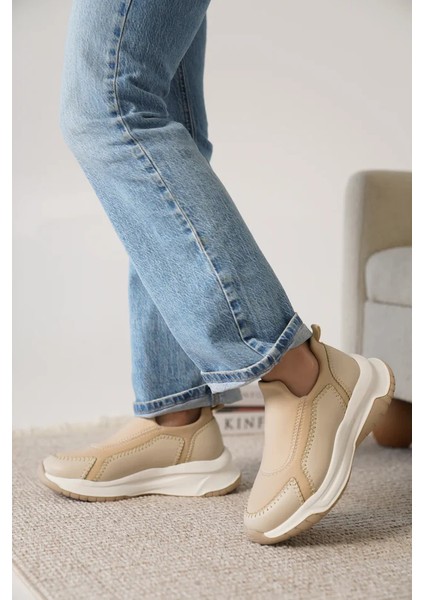 Kendy Premium Bej Streç Detaylı Kadın Sneaker
