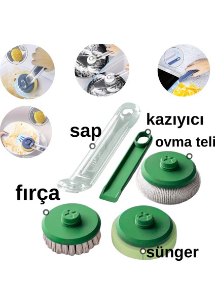 3 Başlıklı Bulaşık Yıkama Seti – Değiştirilebilir Sünger,tel ve Fırça Başlık ( Yeşil )