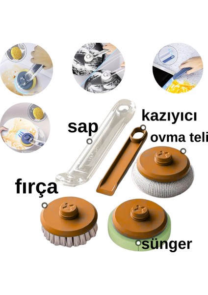 3 Başlıklı Bulaşık Yıkama Seti – Değiştirilebilir Sünger,tel ve Fırça Başlık ( Turuncu )