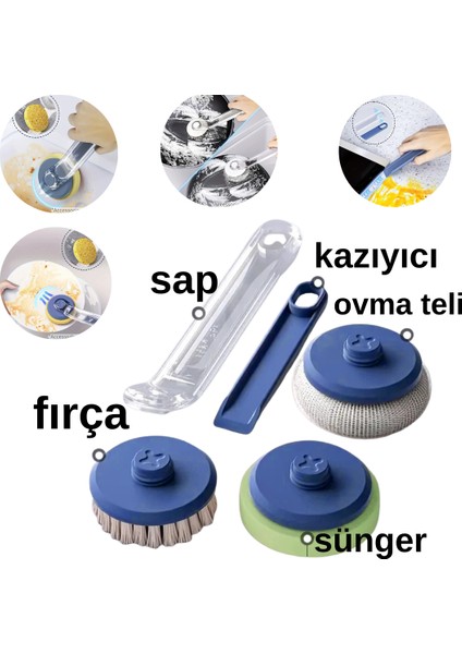 3 Başlıklı Bulaşık Yıkama Seti – Değiştirilebilir Sünger,tel ve Fırça Başlık ( Mavi )