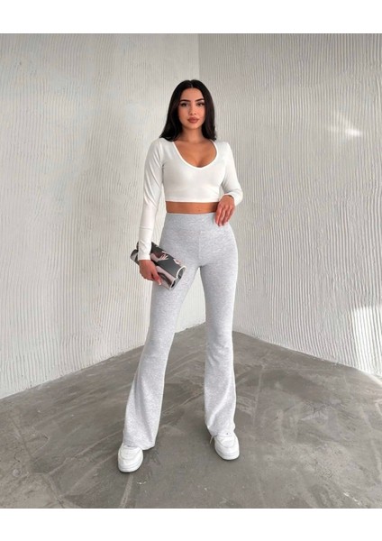 Kadın Yüksek Bel Incelten Etkili Beli Fitilli Ispanyol Paça Tayt Pantolon