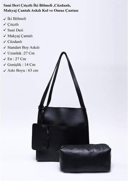 Siyah SHK123 Suni Deri, Çıtçıtlı, Iki Bölmeli, Cüzdanlı, Makyaj Çantalı, Askılı, El, Kol ve Omuz Çantası modelleri
