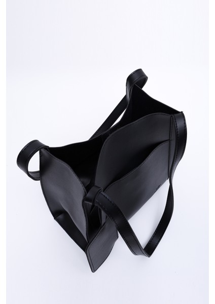 Siyah SHK123 Suni Deri, Çıtçıtlı, Iki Bölmeli, Cüzdanlı, Makyaj Çantalı, Askılı, El, Kol ve Omuz Çantası