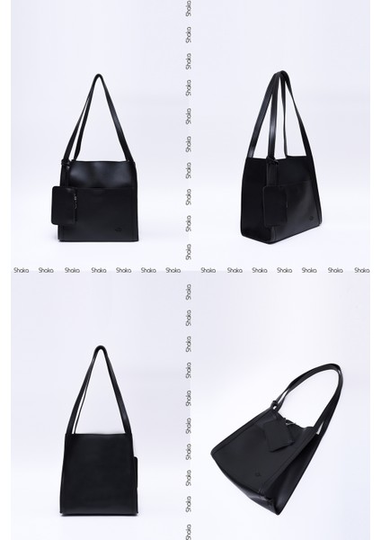 Siyah SHK123 Suni Deri, Çıtçıtlı, Iki Bölmeli, Cüzdanlı, Makyaj Çantalı, Askılı, El, Kol ve Omuz Çantası