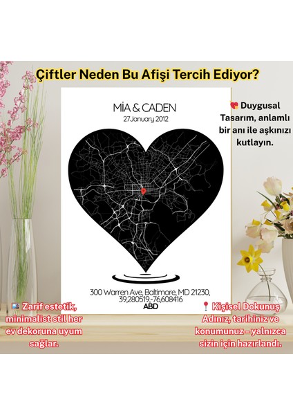 Kişiye Özel Aşk Lokasyon Posteri – Harita, Tarih, Isim ve Mekanlı Metal Baskı + A4 Beyaz Çerçeve
