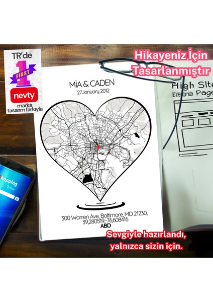 Kişiye Özel Aşk Lokasyon Posteri – Harita, Tarih, Isim ve Mekanlı Metal Baskı + A4 Beyaz Çerçeve modelleri