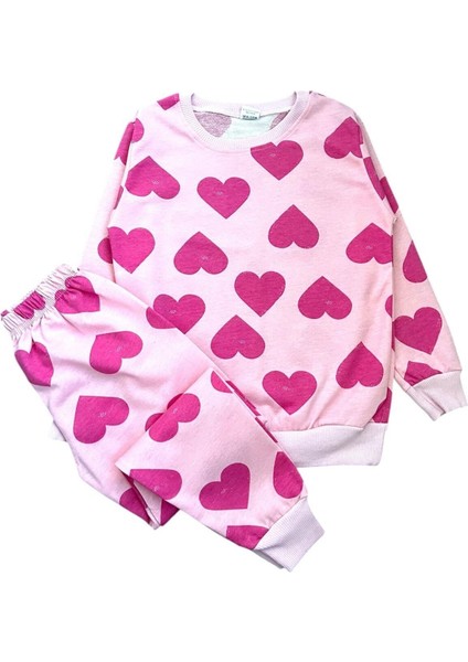 Kız Çocuk Pamuklu Pembe Kalp Desenli Uzun Kollu Mevsimlik Pijama Takımı