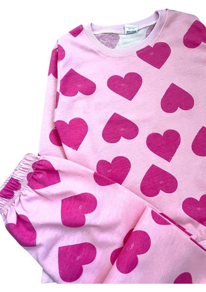 Kız Çocuk Pamuklu Pembe Kalp Desenli Uzun Kollu Mevsimlik Pijama Takımı modelleri