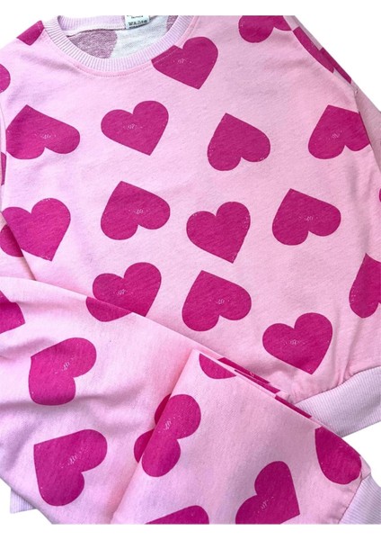 Kız Çocuk Pamuklu Pembe Kalp Desenli Uzun Kollu Mevsimlik Pijama Takımı fırsatları