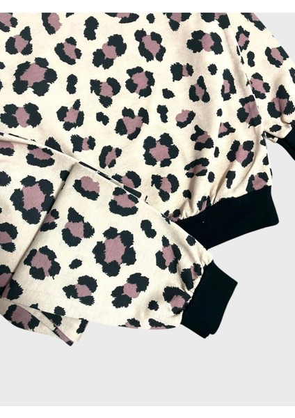 Kız Çocuk Pamuklu Krem Rengi Leopar Desenli Uzun Kollu Mevsimlik Pijama Takımı modelleri