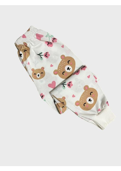 Kız Çocuk Pamuklu Ekru Ayıcık Kalp Çiçek Desenli Uzun Kollu Mevsimlik Pijama Takımı fırsatları