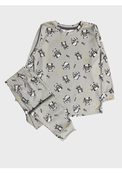 Kız Çocuk %100 Pamuklu Vizon Renk Rakun Desenli Uzun Kollu Kışlık Pijama Takımı
