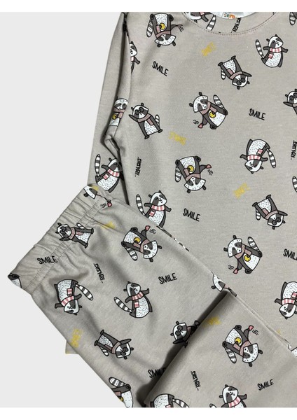 Kız Çocuk %100 Pamuklu Vizon Renk Rakun Desenli Uzun Kollu Kışlık Pijama Takımı modelleri