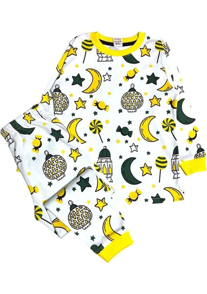 Kız Çocuk %100 Pamuklu Beyaz Şeker Ay Yıldız Ramazan Temalı Uzun Kollu Pijama Takımı