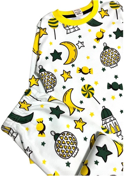 Kız Çocuk %100 Pamuklu Beyaz Şeker Ay Yıldız Ramazan Temalı Uzun Kollu Pijama Takımı modelleri