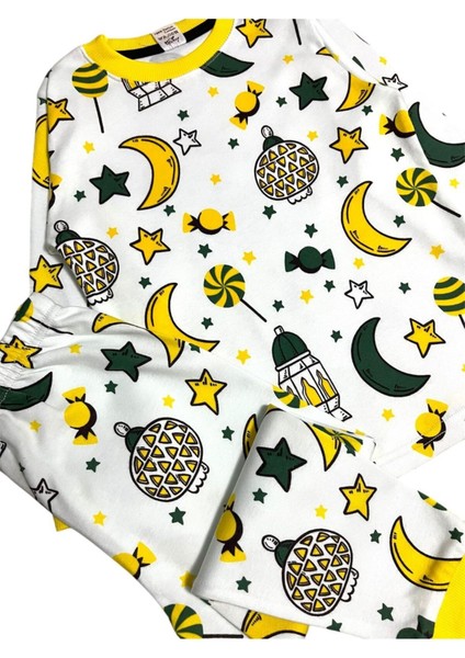 Kız Çocuk %100 Pamuklu Beyaz Şeker Ay Yıldız Ramazan Temalı Uzun Kollu Pijama Takımı fırsatları